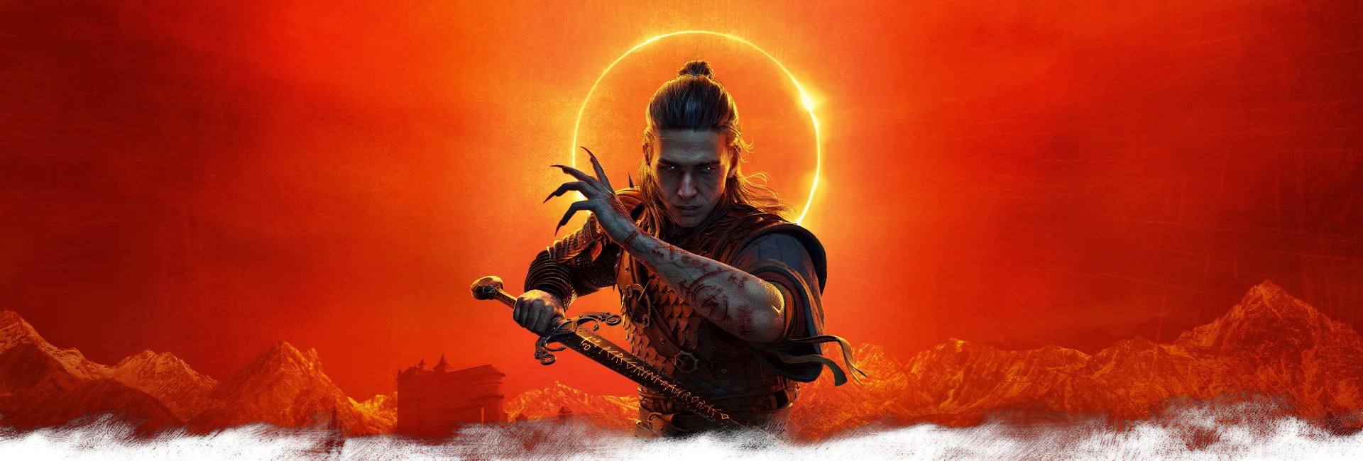 Coen stands beneath a fiery eclipse in official Dawnwalker key art