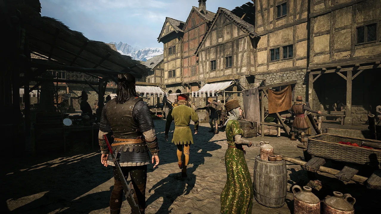 Coen explores a busy medieval marketplace in an official gameplay screenshot